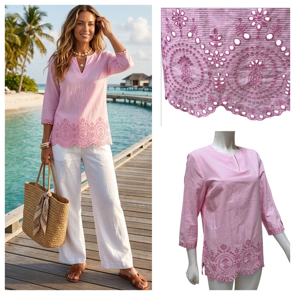 Talbots Striped Seersucker Eyelet Scalloped Hem Tunic Top Cotton Pink Coastal M